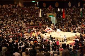 A large crowd fills a sumo wrestling arena, engaging in watching a sumo match on a prominent elevated ring in the center. The wrestlers and a referee are focused on the bout, surrounded by many spectators seated in rows. Traditional decorations hang above and around the ring.
