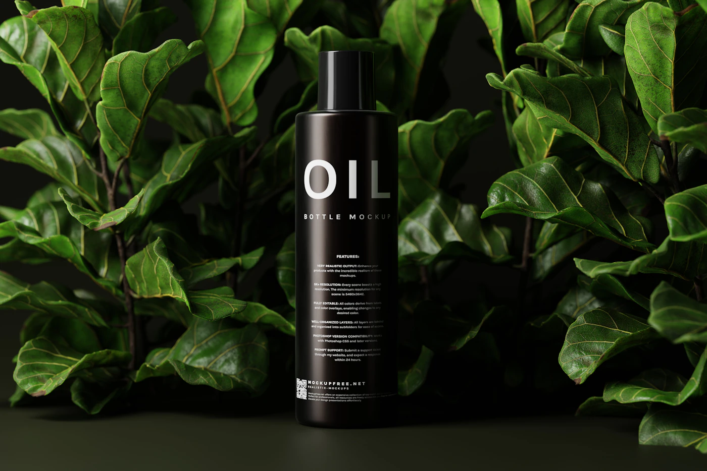 Black bottle of body oil set against dense green foliage