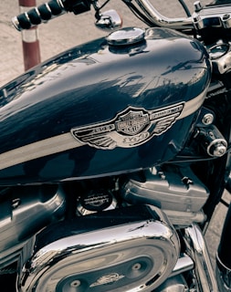 A close-up view of a motorcycle's fuel tank and engine. The fuel tank prominently displays the Harley-Davidson emblem and logo, with a metallic finish. The engine parts are visible beneath, featuring chrome and metal components, reflecting light and surroundings.