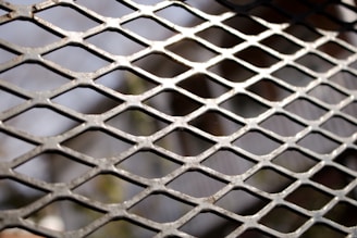 A close-up view of a metallic mesh with a diamond-shaped lattice pattern. The metal appears slightly weathered, and the light reflects off its slightly rusted surface, highlighting some edges and creating shadows.