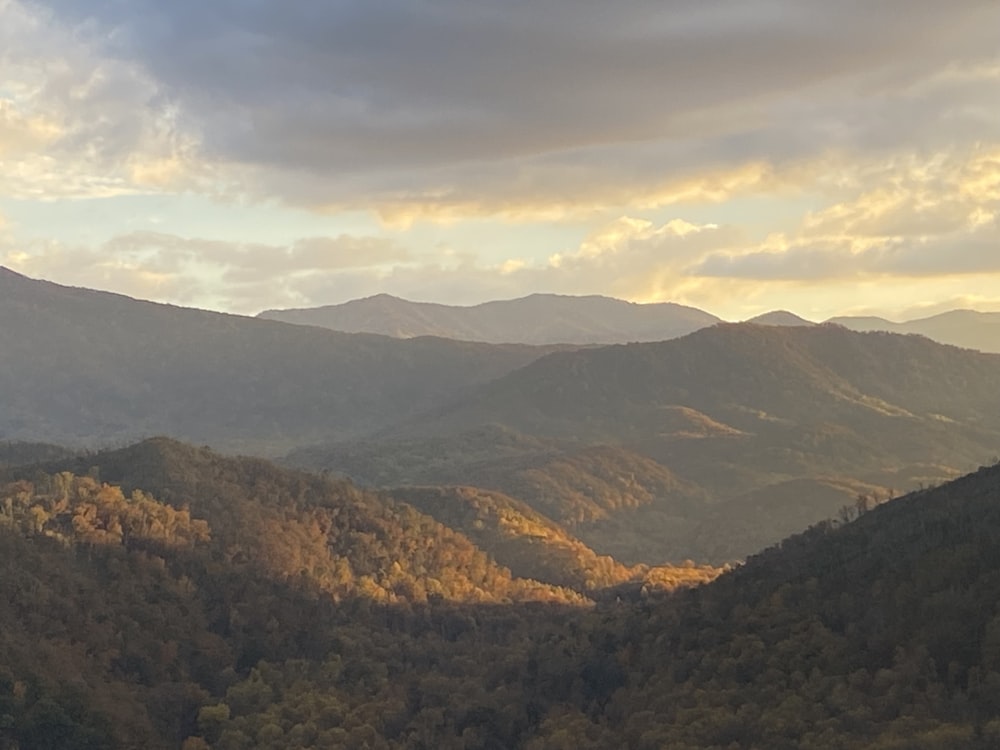 a view of a mountain range with trees in the foreground