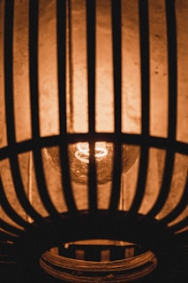 A close-up view of a glowing light bulb enclosed within a lantern-like structure with vertical black bars. The warm, amber light casts shadows and highlights the textured surface of the enclosing material.