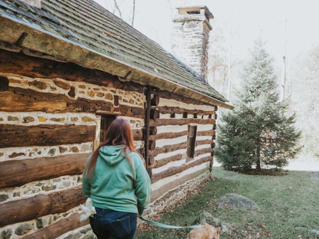 A person wearing a green hoodie walks with a dog near a rustic log cabin featuring stone and wood construction. A chimney is visible on the roof, and a coniferous tree stands in the yard.