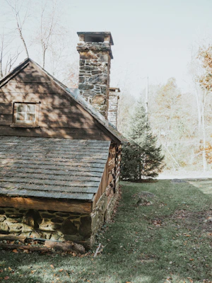 Charming rustic cabin nestled in the woods with a stone fireplace outside.