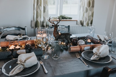 Close-up of a festive dining area decorated with Viking-themed elements.