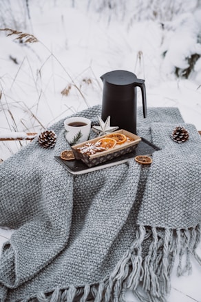 A cozy winter setting featuring a gray knit blanket laid out on snow. On top of the blanket is a black thermos and a white cup with hot drink, decorated with a small pine branch. A tray with a loaf topped with dried orange slices and anise stars is placed nearby, surrounded by pine cones.