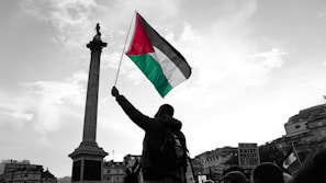 A person stands holding a Palestinian flag prominently against a cloudy sky. In the background, there is a tall column with a statue on top. People are gathered, with some signs visible advocating for freedom and resistance.