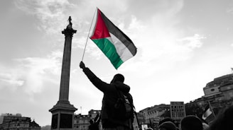 A person stands holding a Palestinian flag prominently against a cloudy sky. In the background, there is a tall column with a statue on top. People are gathered, with some signs visible advocating for freedom and resistance.