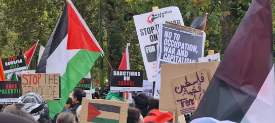 A large group of people is gathered, holding various protest signs and flags. The signs have messages related to geopolitical issues, with phrases like 'Stop the Genocide,' 'Sanctions on Israel,' and 'No to Occupation, War, and Capitalism.' Flags include the Palestinian flag. Trees can be seen in the background.