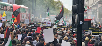 An outdoor scene of a peaceful political demonstration in the city.