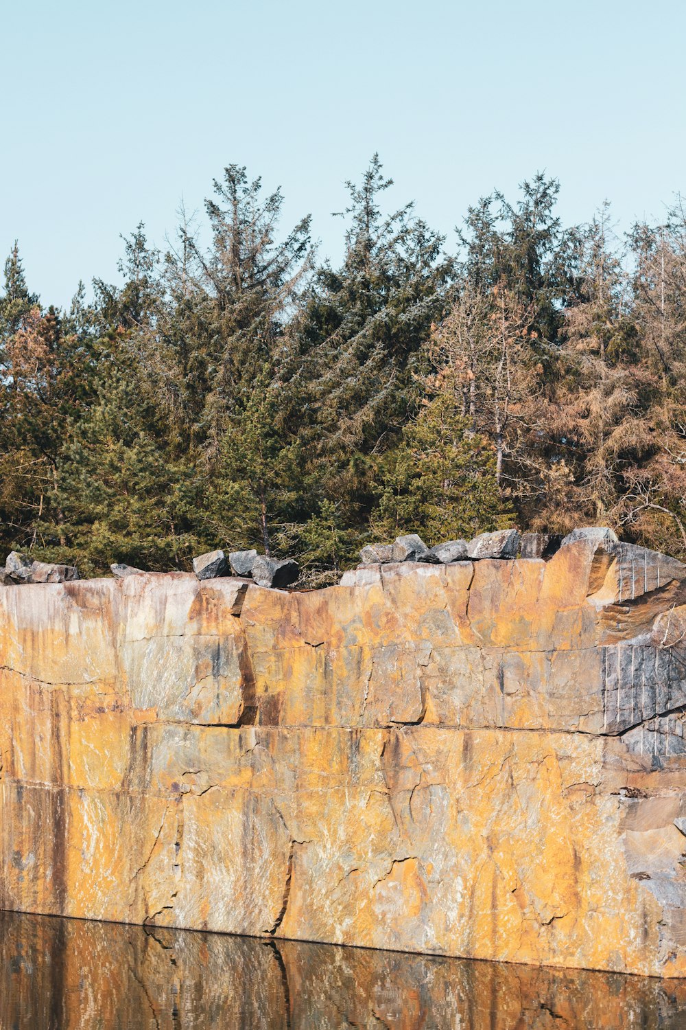 a giraffe standing on top of a rock next to a body of water