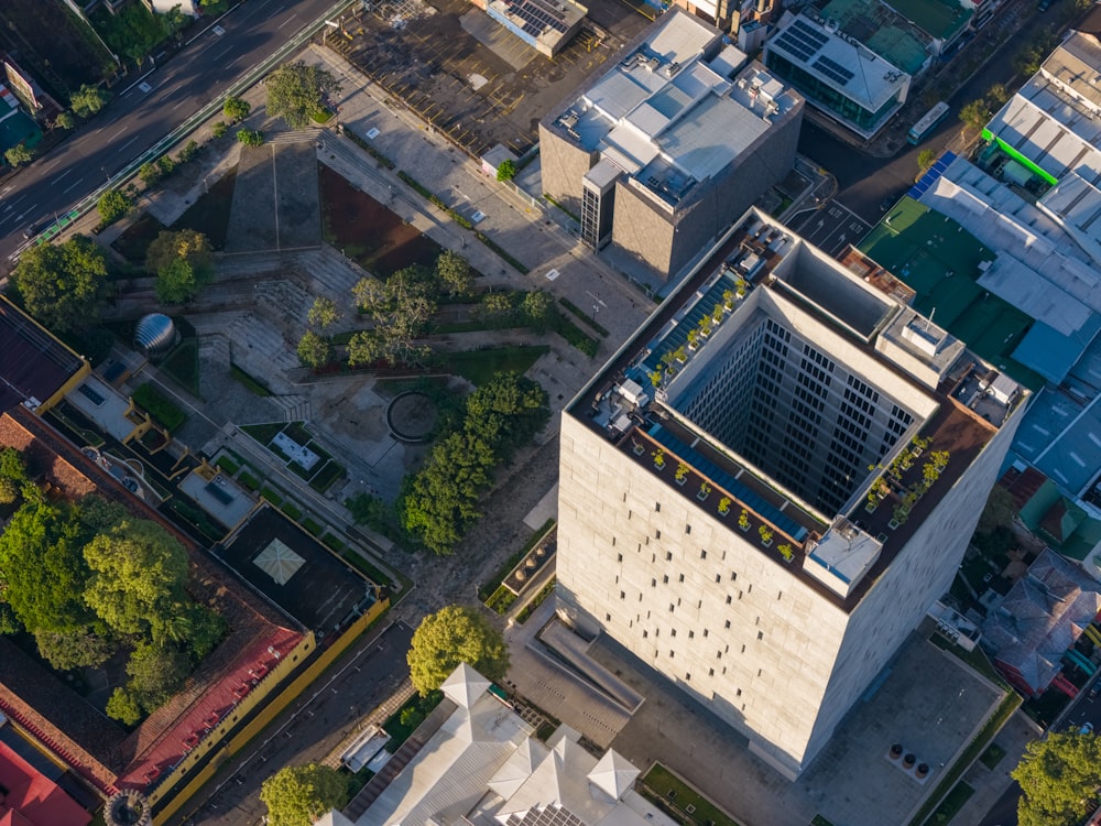 an aerial view of a building in a city