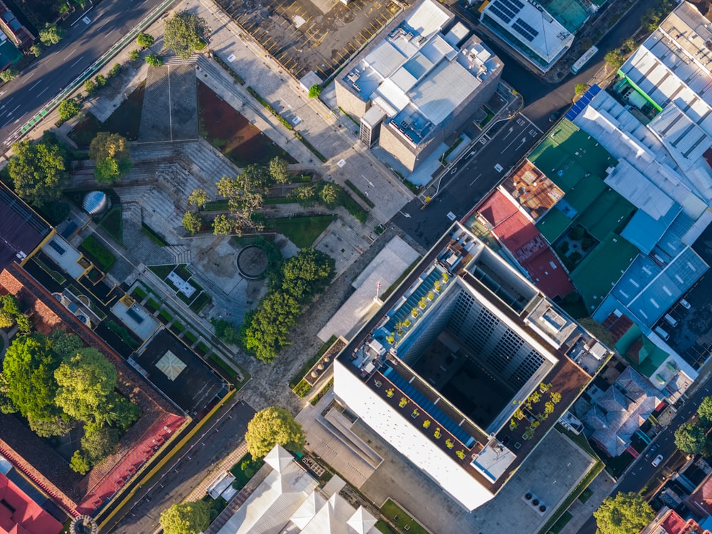 an aerial view of a city with lots of buildings