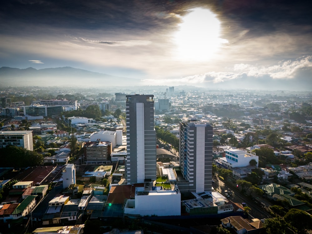 a view of a city with tall buildings