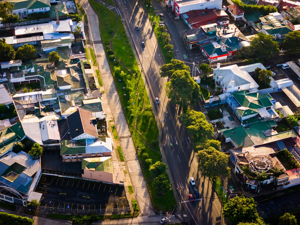 an aerial view of a city with lots of houses