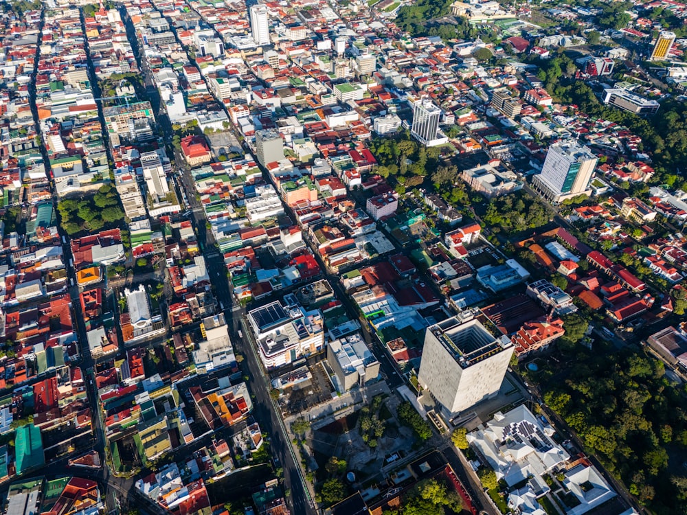 an aerial view of a city with lots of buildings