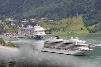 Two large cruise ships are sailing through a serene fjord surrounded by lush green hills and small houses perched on the slopes. The water is calm, reflecting the overcast sky. The scene is tranquil, with the natural beauty of the landscape contrasting with the modern vessels.