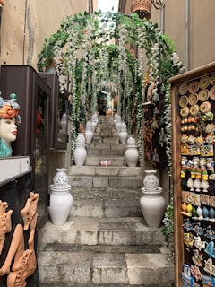 a set of stairs leading up to a store