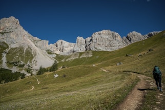 A rugged mountain range under a clear blue sky forms the backdrop, with a gently sloping hillside covered in green grass and scattered rocks in the foreground. A single hiker carrying a backpack and using trekking poles walks along a dirt path leading towards the mountains.