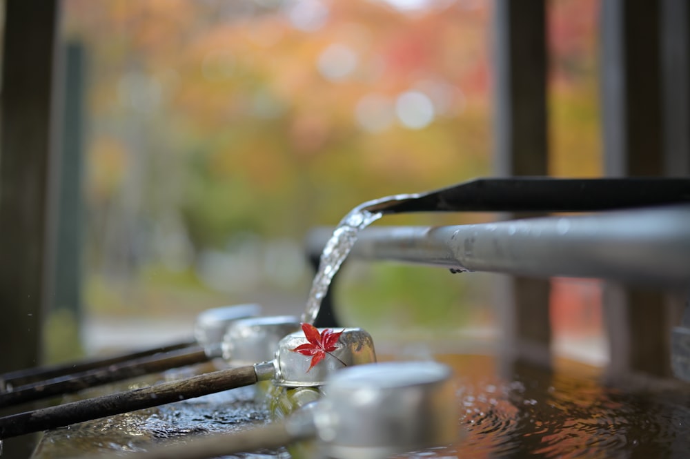 a close up of a water faucet with a red bow on it