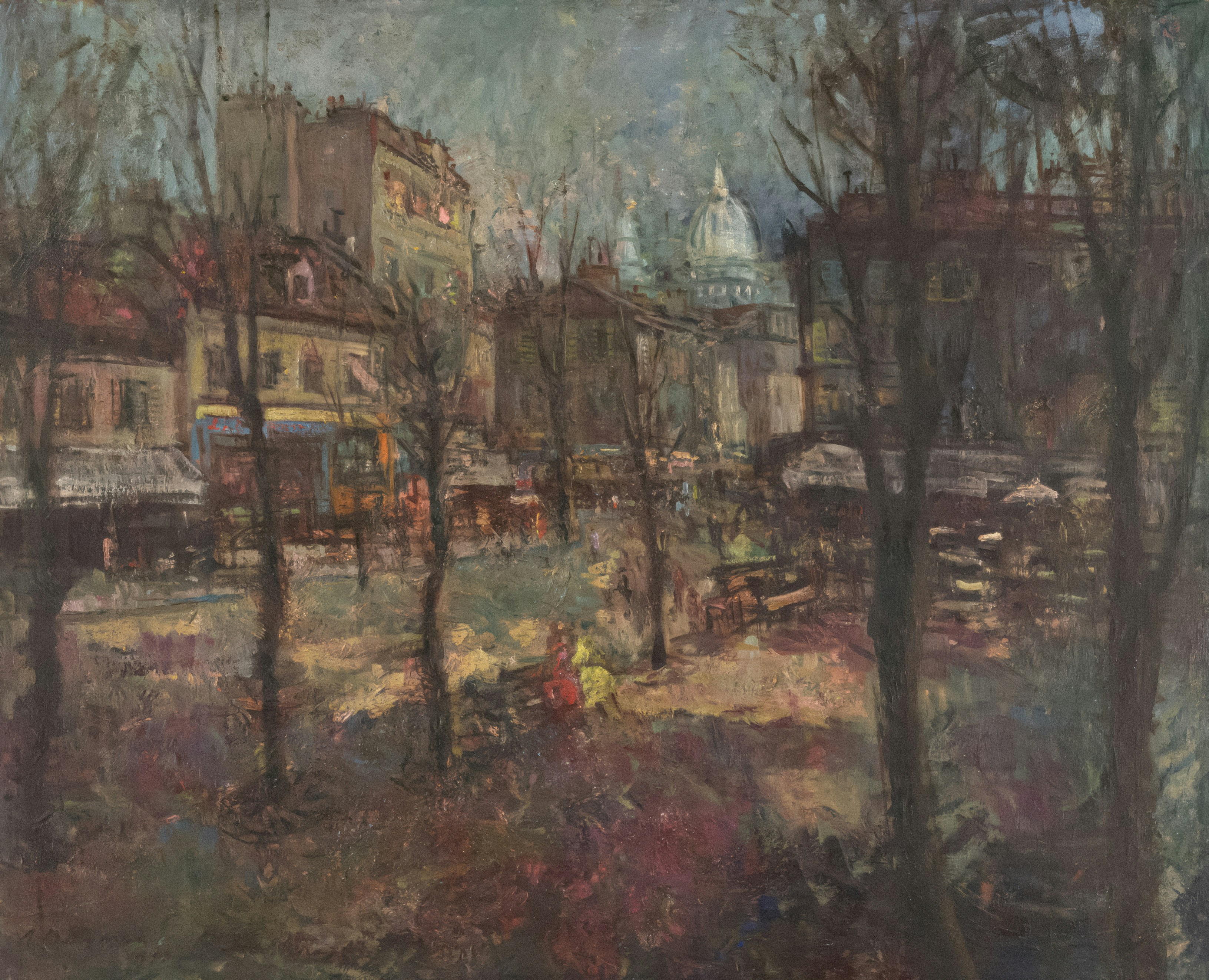 Ein Gemälde einer Stadtstraße mit Bäumen