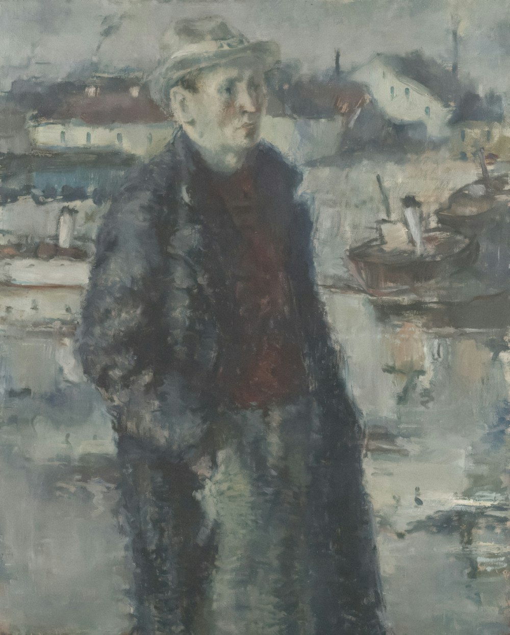a painting of a man standing in front of a body of water
