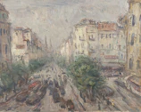 A lively street scene with impressionist brushstrokes showing bustling city life.