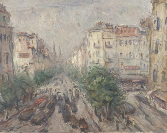 A lively street scene with impressionist brushstrokes showing bustling city life.