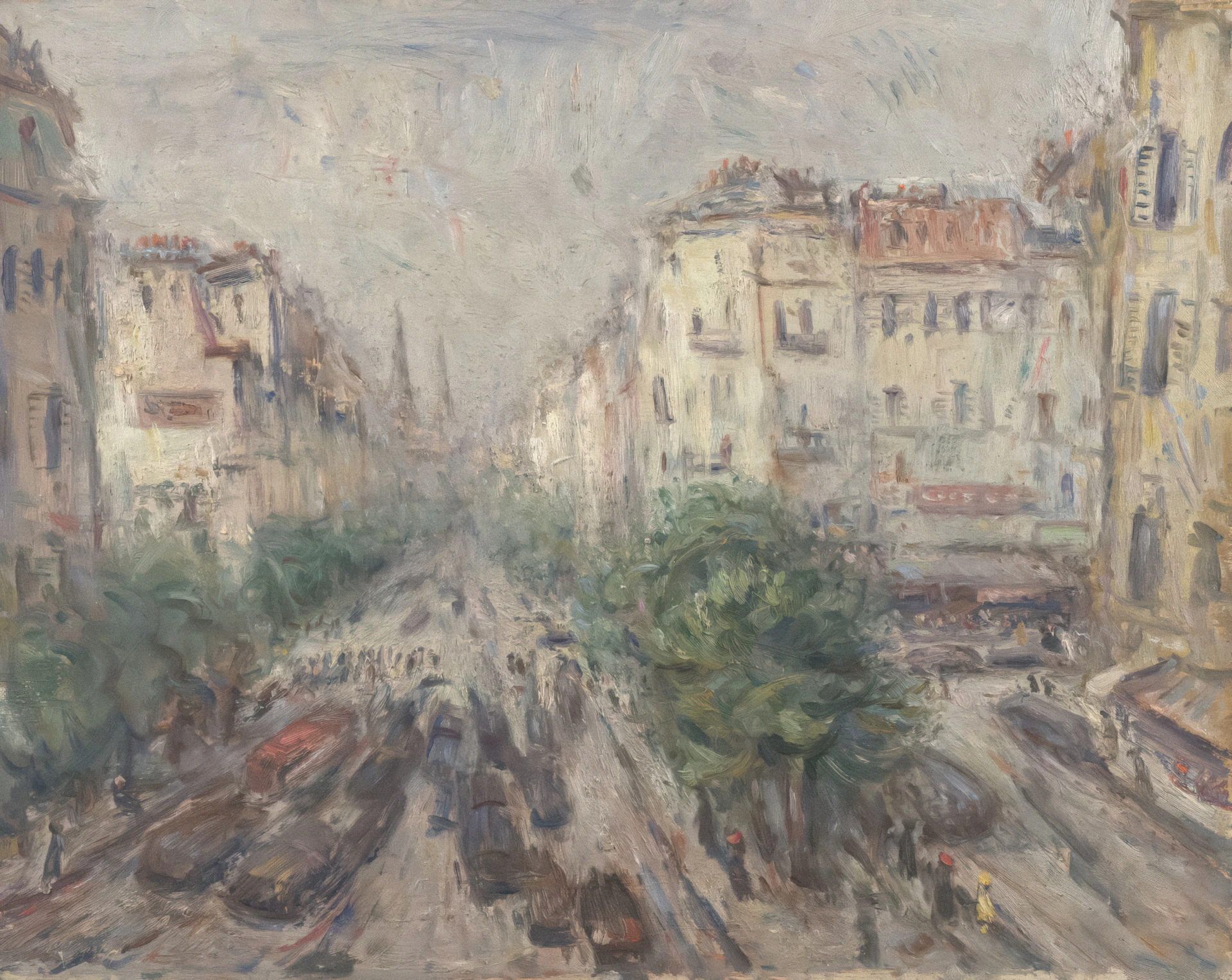 An intricate watercolor of a bustling city street, capturing the lively movement of people and colorful storefronts.