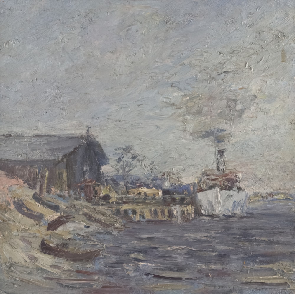 a painting of a boat in a body of water