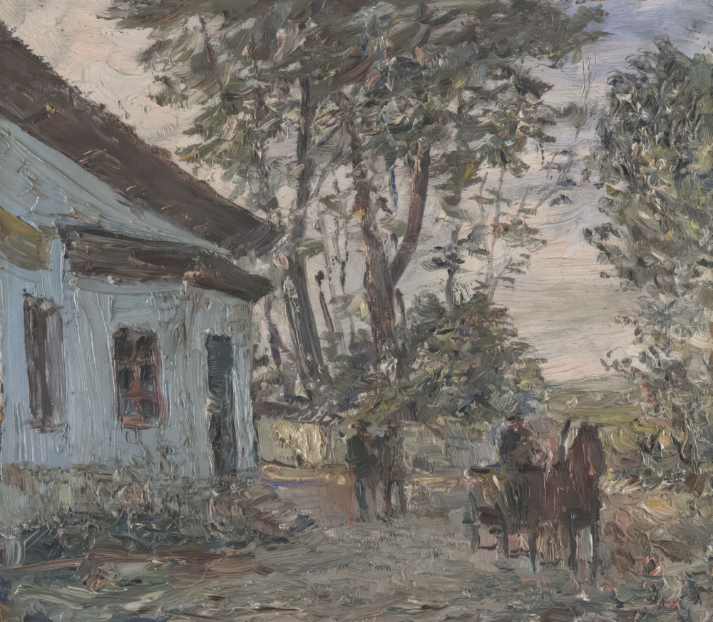 a painting of a horse and carriage in front of a house