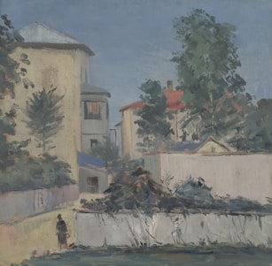 A detailed painting of a 19th-century French village scene showing everyday people at work.