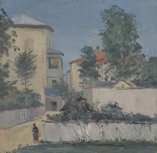 A detailed painting of a 19th-century French village scene showing everyday people at work.