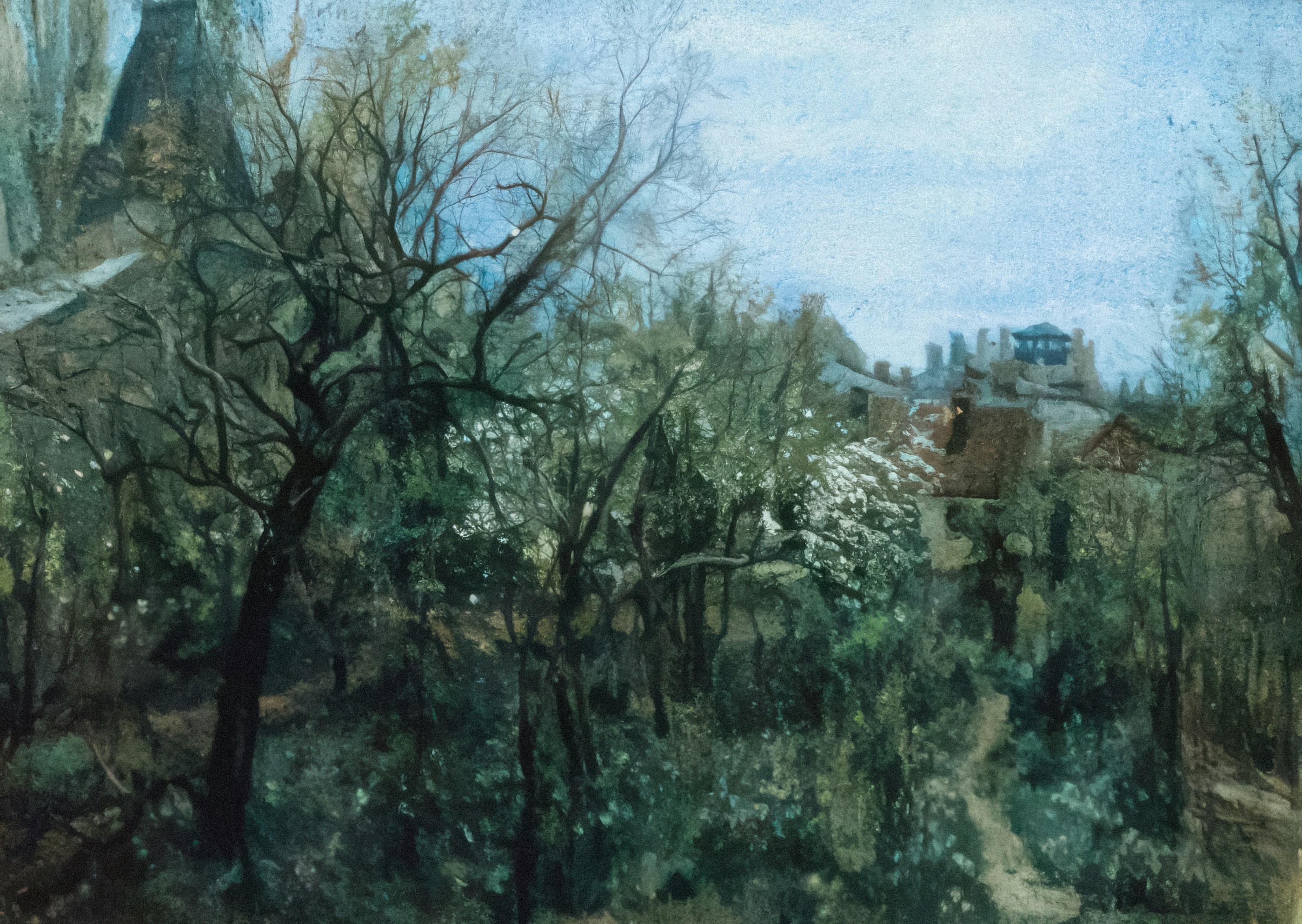 ein Gemälde eines Waldgebietes mit einem Gebäude im Hintergrund