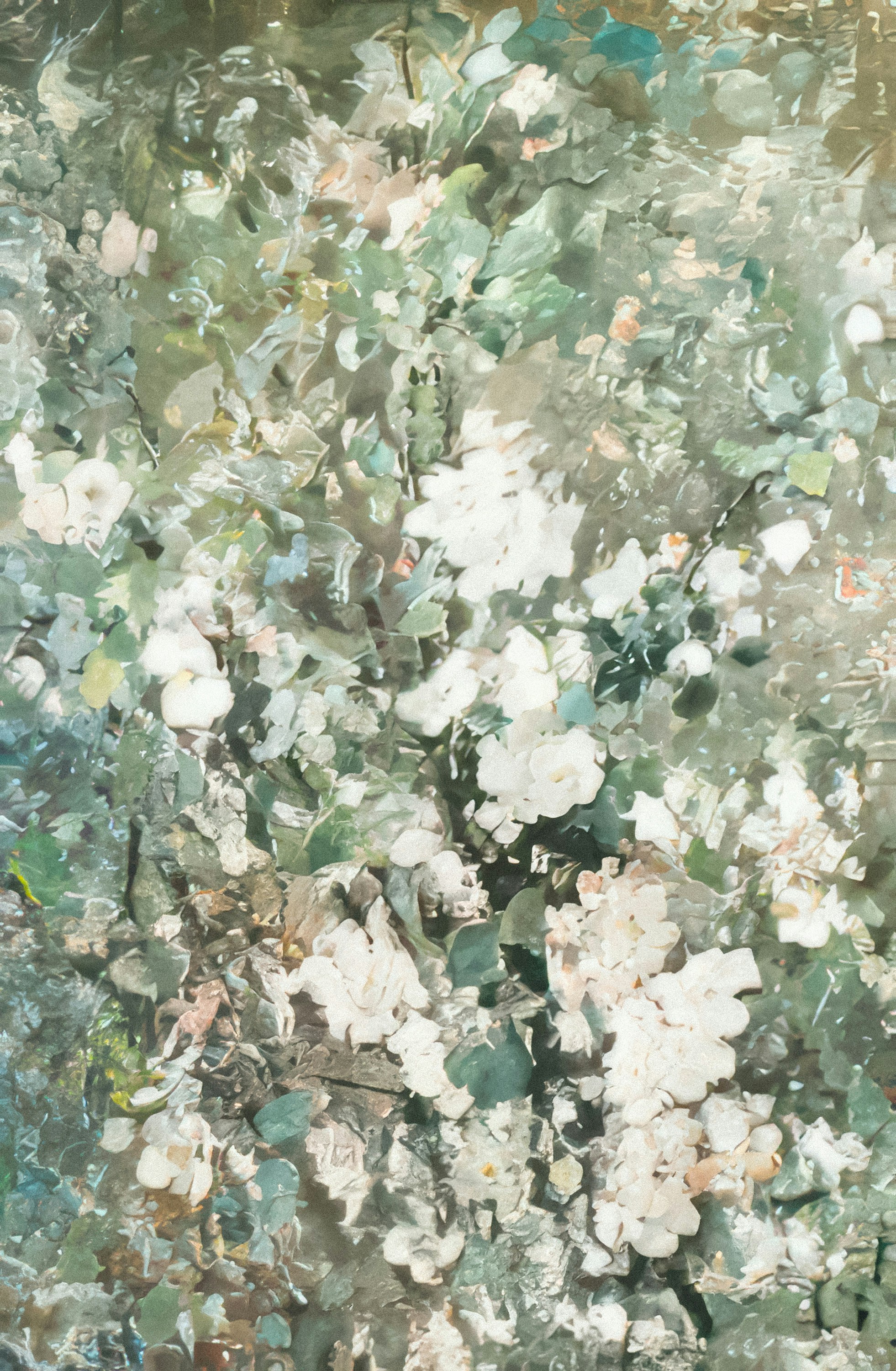 ein Gemälde von weißen Blumen in einer Vase