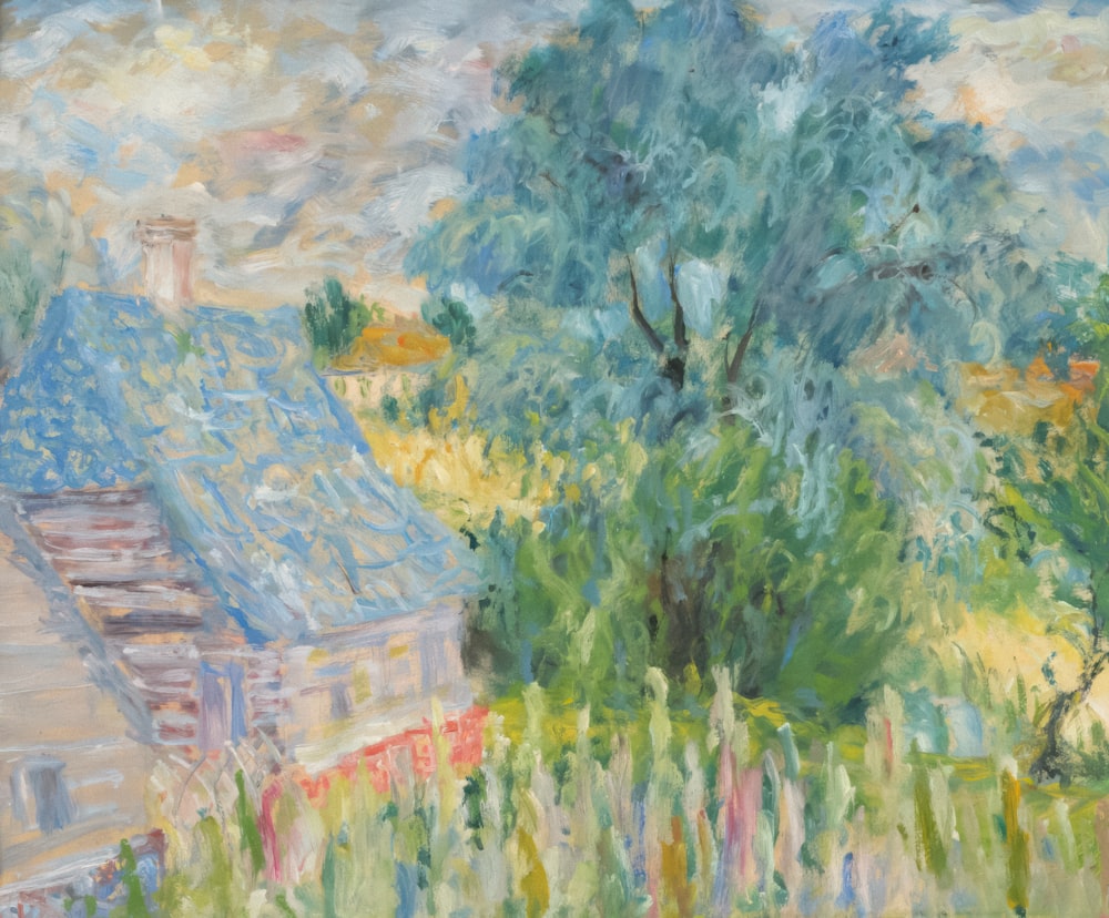 a painting of a house and a tree