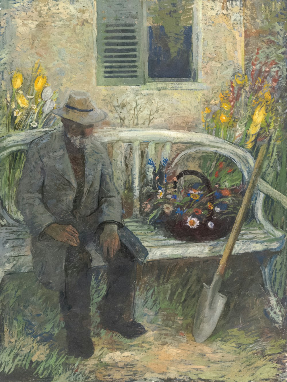 a painting of a man sitting on a bench