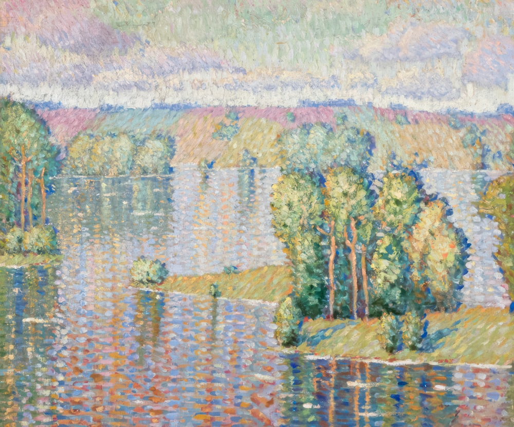 a painting of a lake with trees in the foreground