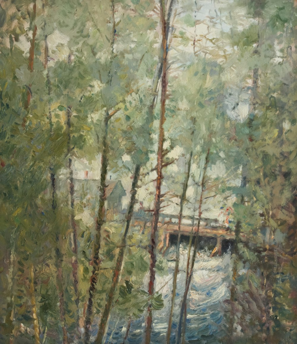 a painting of a bridge over a river surrounded by trees
