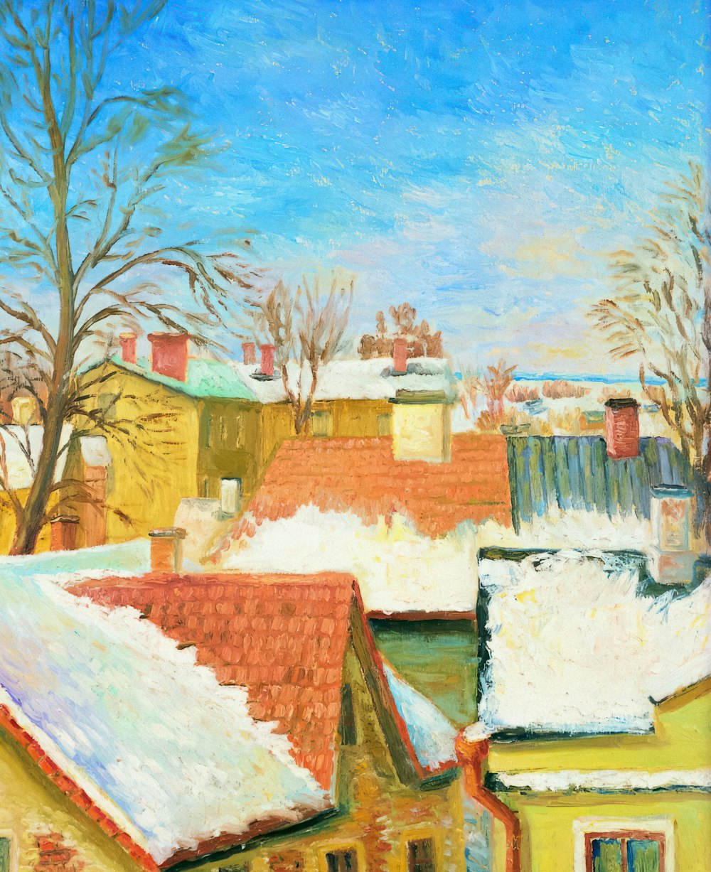 a painting of rooftops covered in snow