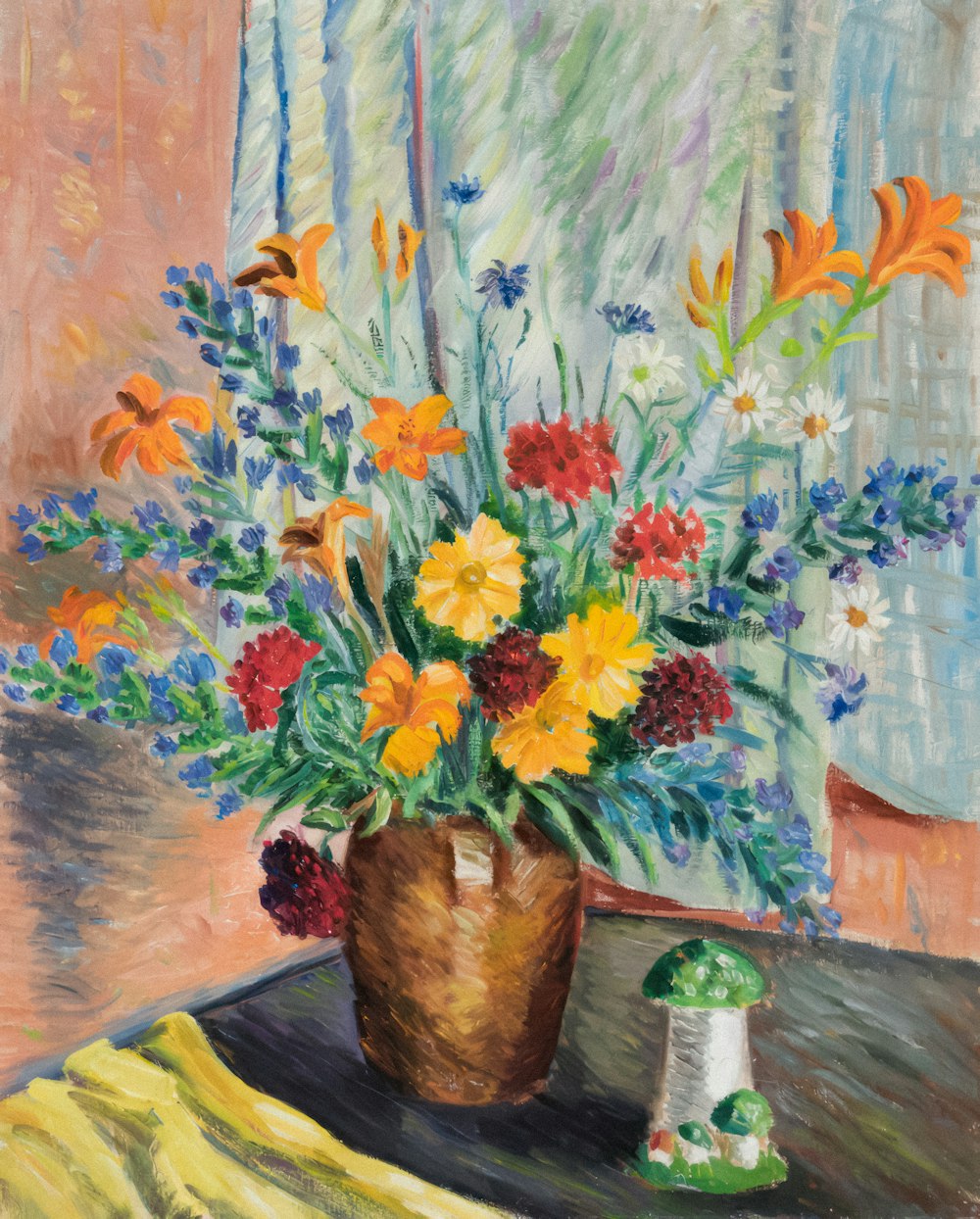 a painting of a vase of flowers on a table