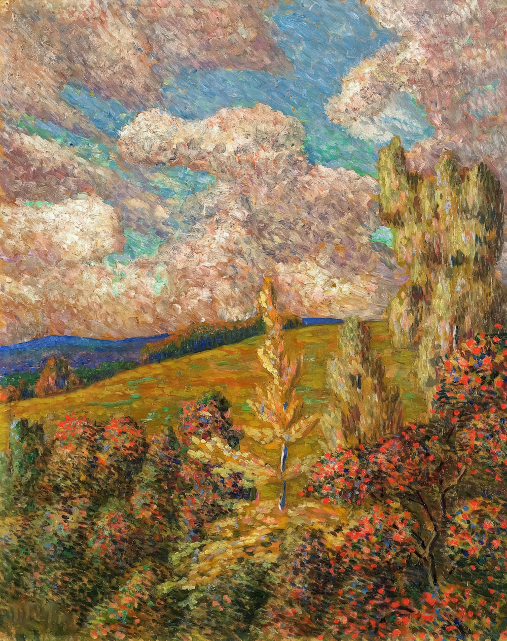 a painting of a field with trees and clouds