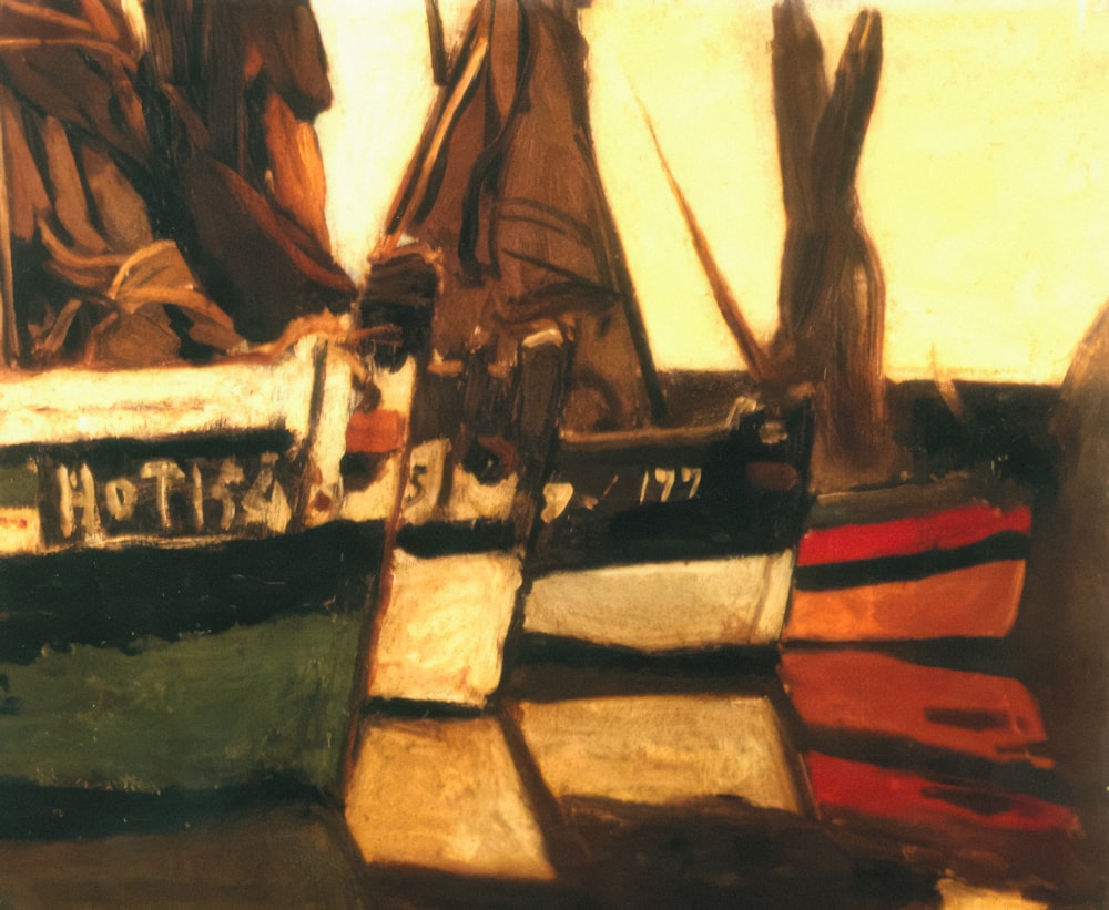 a painting of several boats in a harbor