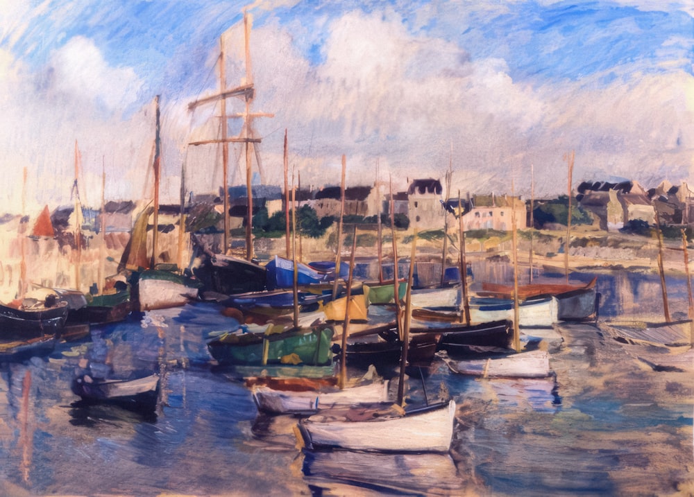 a painting of a harbor filled with lots of boats