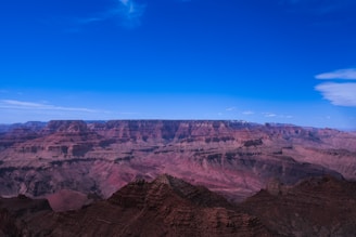A vast, expansive view of the Grand Canyon under a clear blue sky. The canyon features layered red and brown rock formations displaying varying shades and textures.