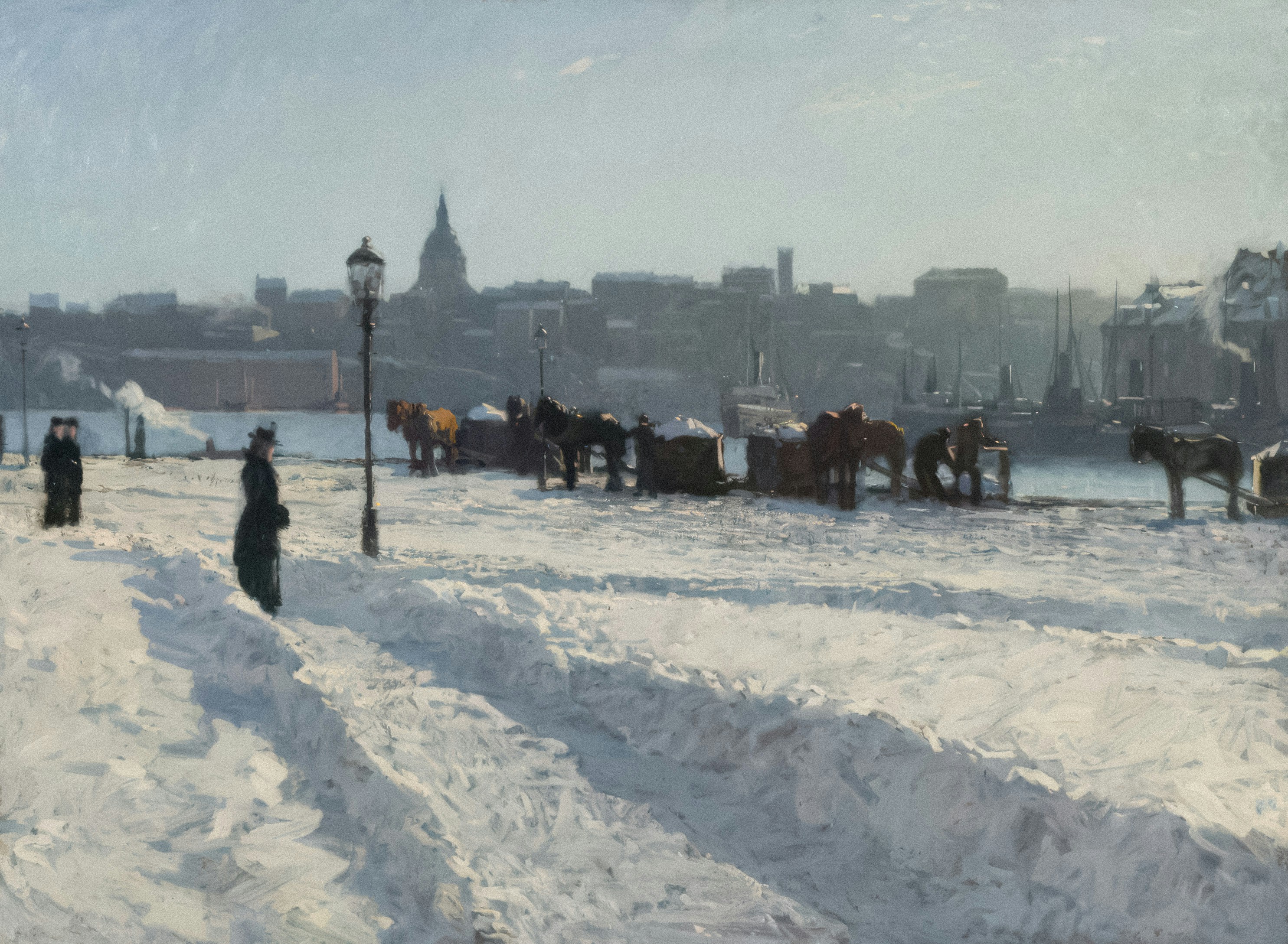 ein Gemälde von Menschen, die im Schnee spazieren gehen