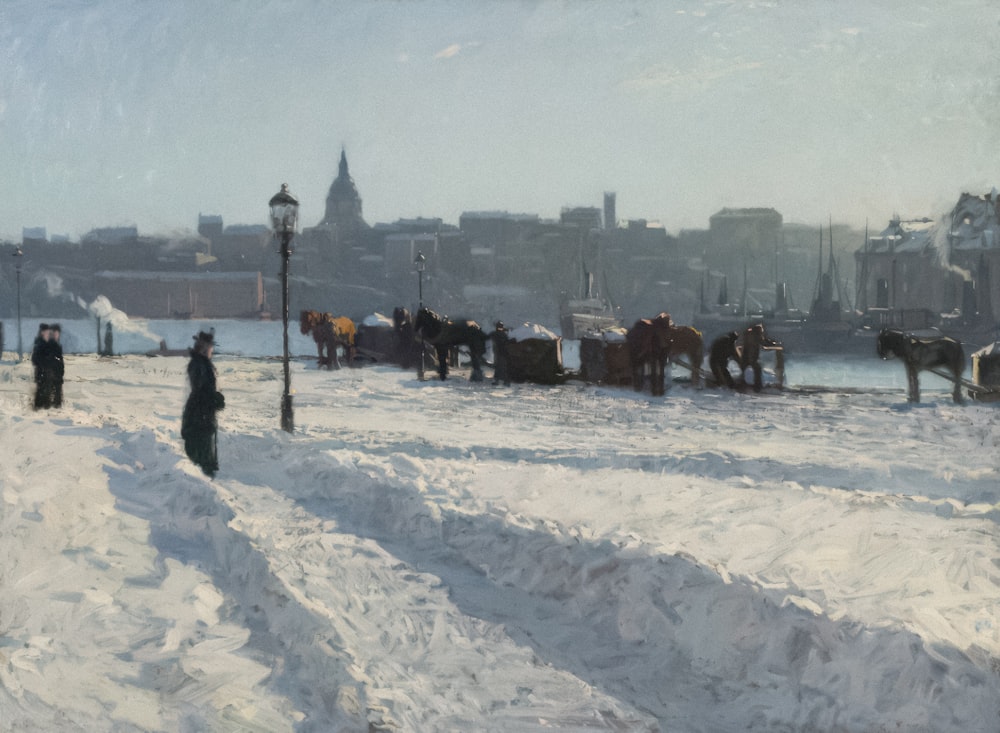 a painting of people walking in the snow