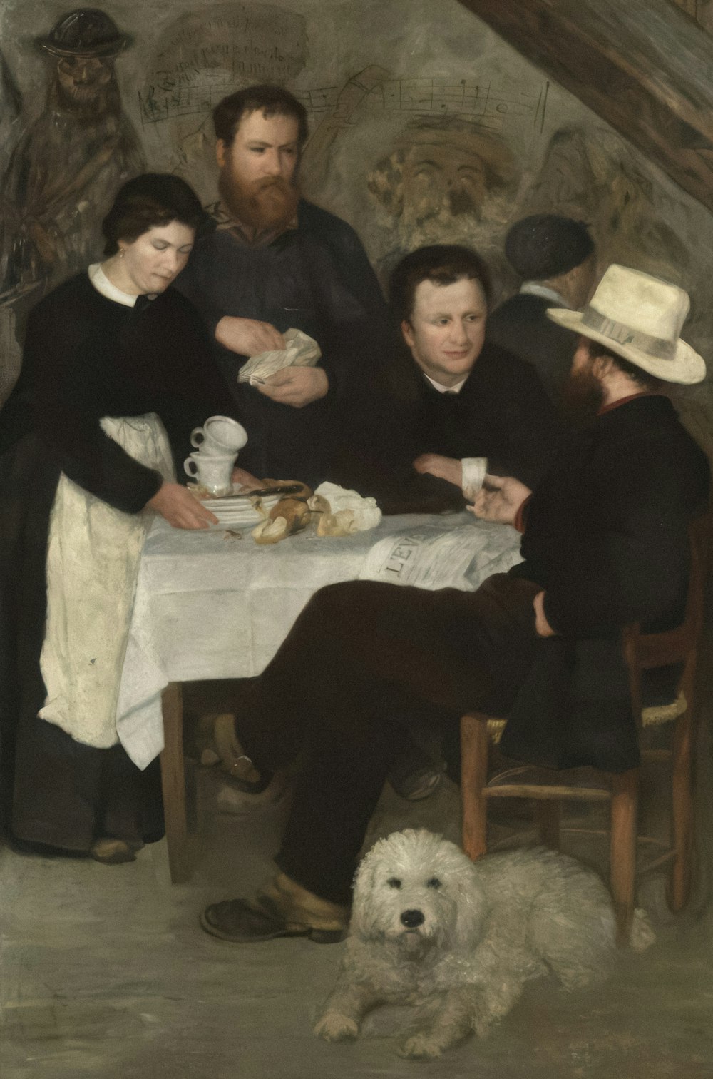 una pintura de un grupo de personas sentadas alrededor de una mesa
