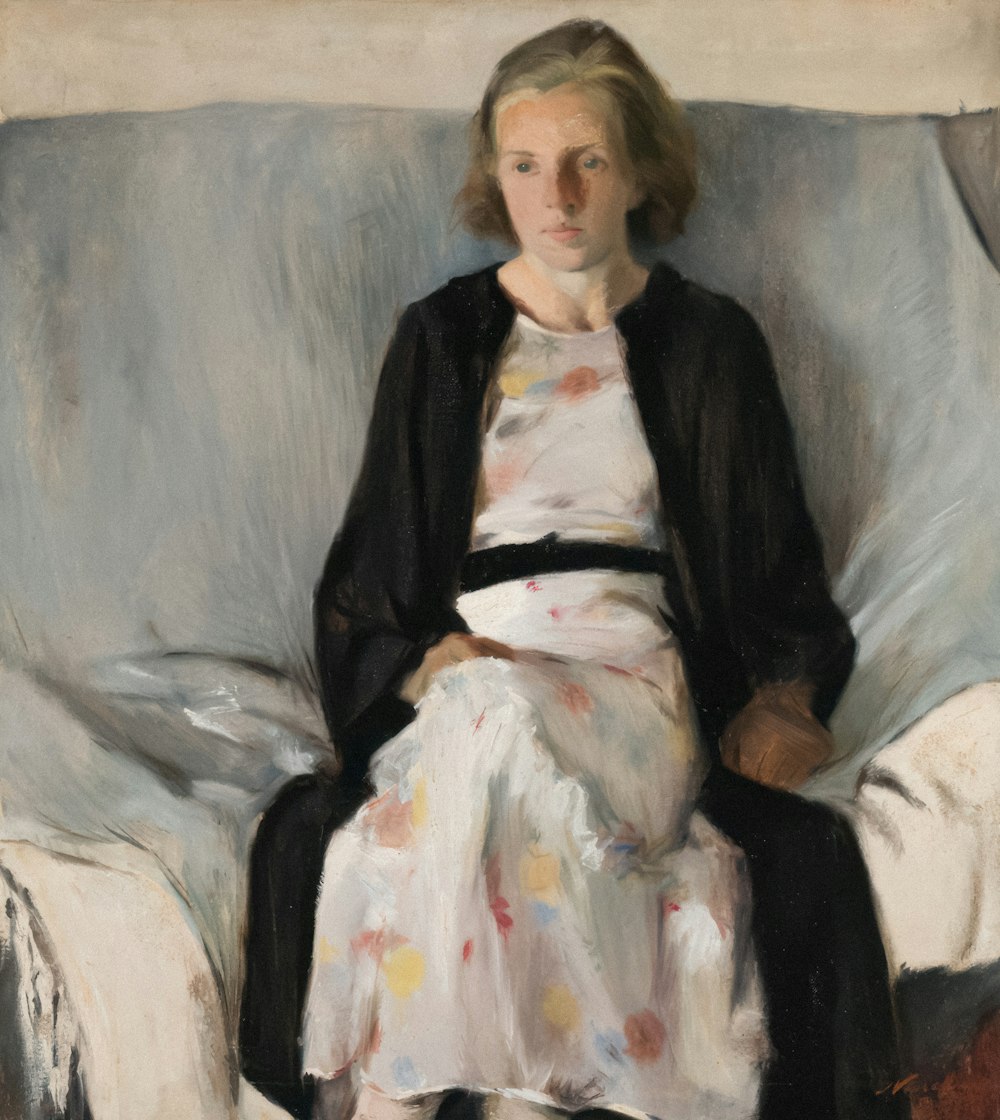 a painting of a woman sitting on a couch