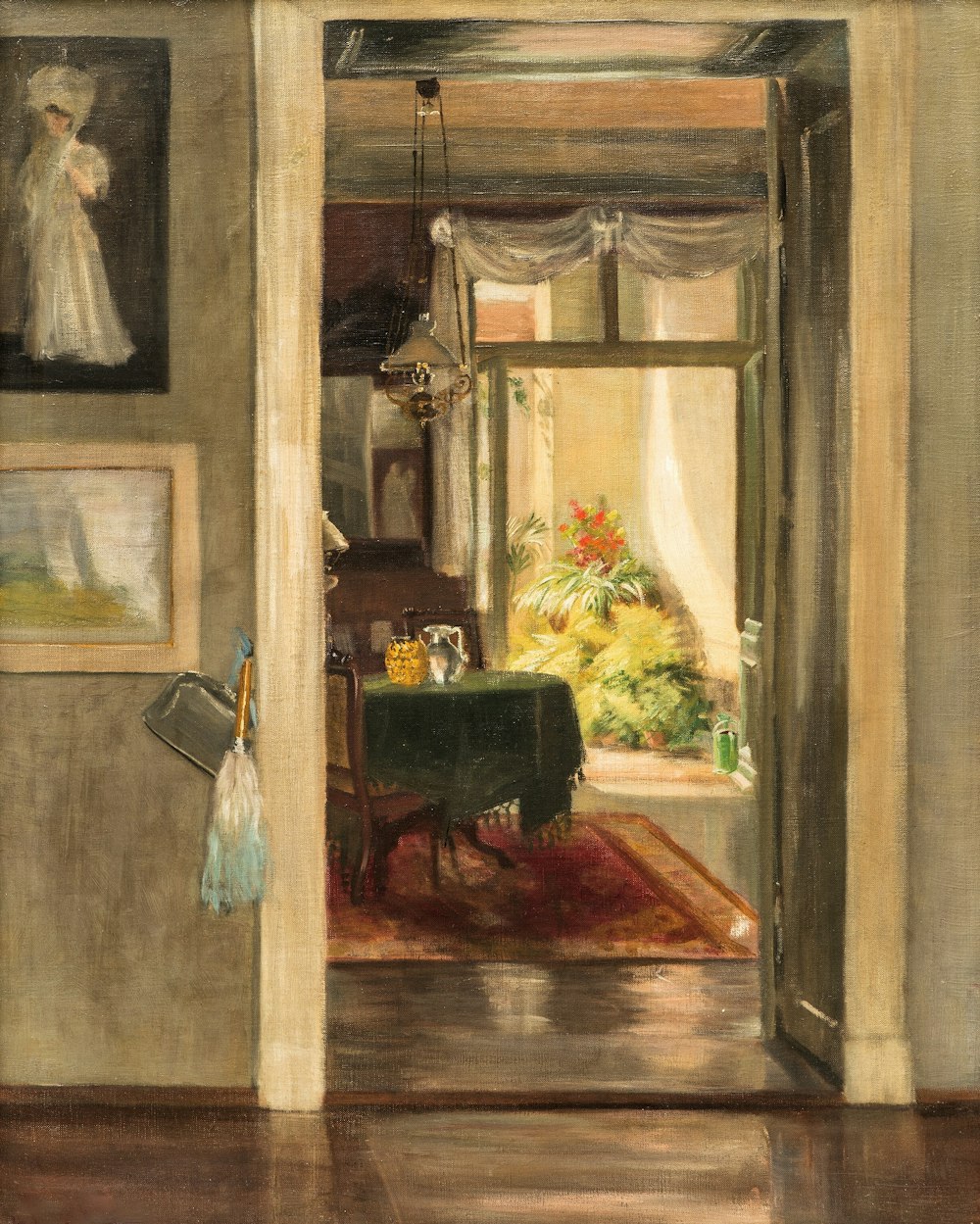 uma pintura de uma sala de estar com um piano